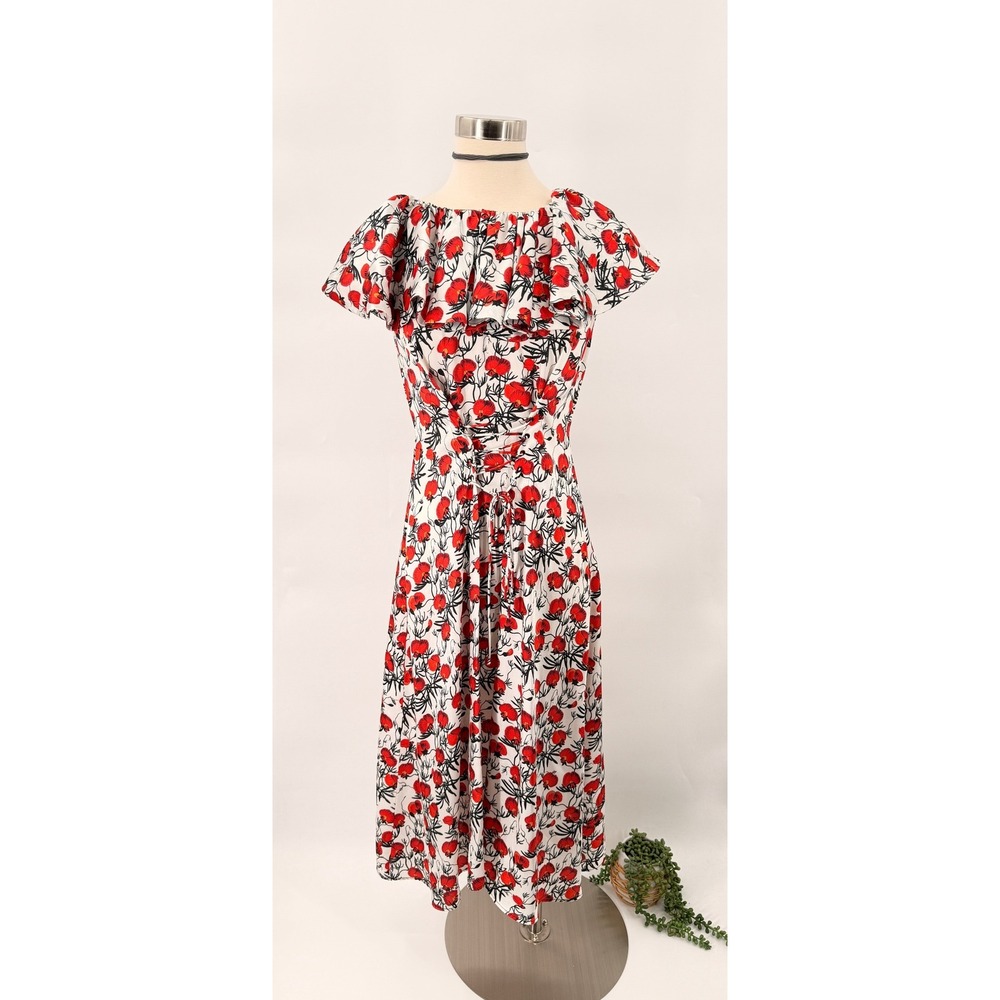 DELFI Collective Floral Midi Dress Womens XS White Red Poppy Ruffle Corset Back